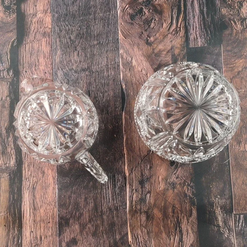 VTG Cut Glass Crystal Creamer & Sugar Bowl Set MCM Starburst Elegant‎ Design